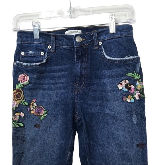 Zara Premium Denim Collection Blue Floral Embroidered Jeans - Picture 3 of 7